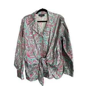 Jones New York Signature Blouse 2X NWT Paisley Green Pink Twist Front Knot Cotto